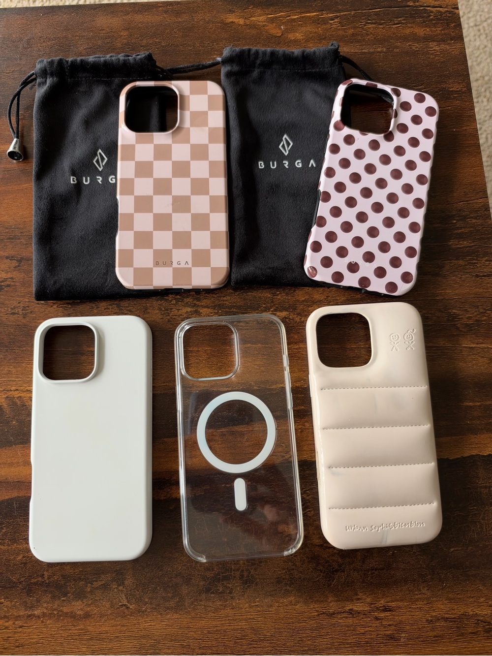 iPhone 16 pro MAX cases. Burga, apple clear case, and urban sophistication oat